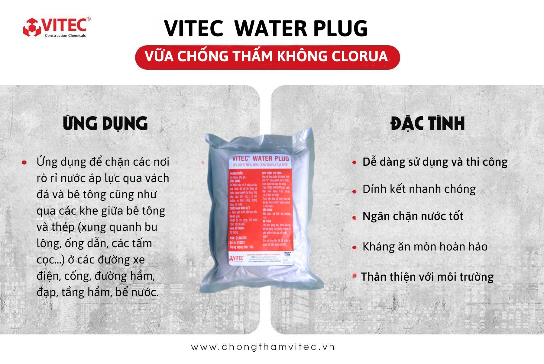 vữa chống thấm không clorua VITEC WATER PLUG